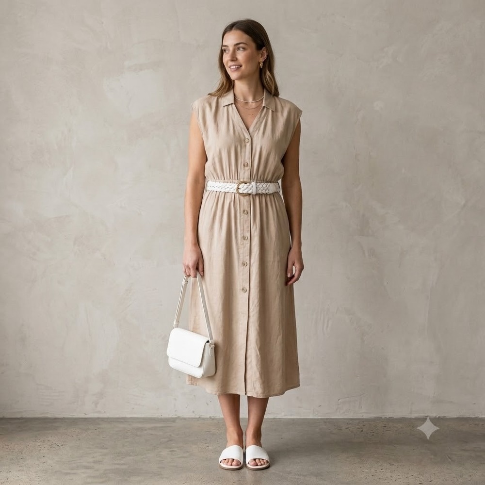 Thread + Supply Shirt Dress Large Khaki Tencel Midi Button Front with Pockets